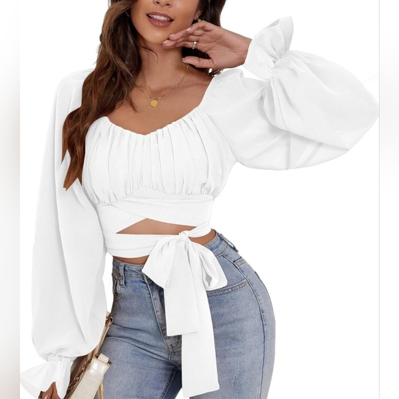 New White Wrap Tie Front Crop Top Blouse - Picture 3 of 5